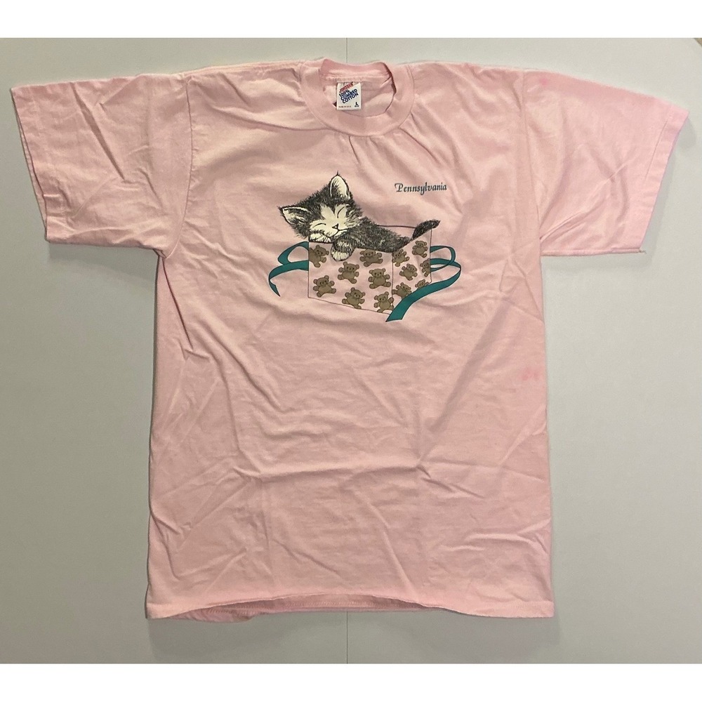VTG USA Made Kitten Teddy Bear Gift Box Pennsylvania Pink T-Shirt Adorable